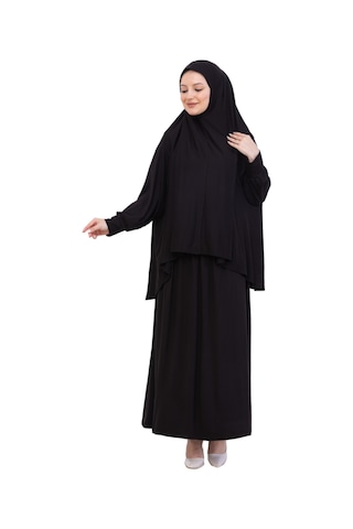 Modish Group İki Parça Namaz Elbisesi Uzun Pamuklu Tesettür Giyim Abaya & Başörtüsü Set Siyah