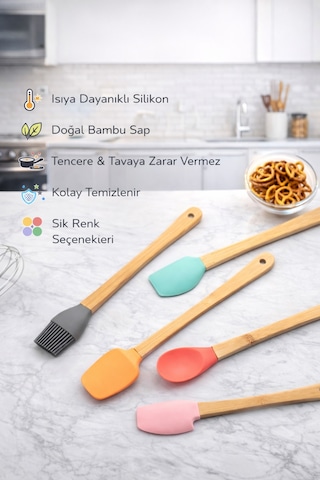 5 Li Renkli Bambu Saplı Silikon Küçük Boy Spatula Seti Kahverengi