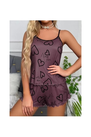 Selveta Kadın Penye İp Askılı Şortlu İnce Kalpli Gecelik Pijama Takımı Çok Renkli