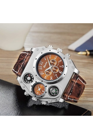 Erkek Askeri Sporlar Kuvars Bileği İzle İki Saat Dilimi Pusulası Ve Termometre Dekoratif Kadran Deri Kayış Serin Saat Kahverengi Koyu Kahverengi