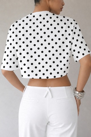 Hımmelduf Kadın Puantiye Desenli Crop Tişört Basic Oversize Yazlık Bluz Beyaz