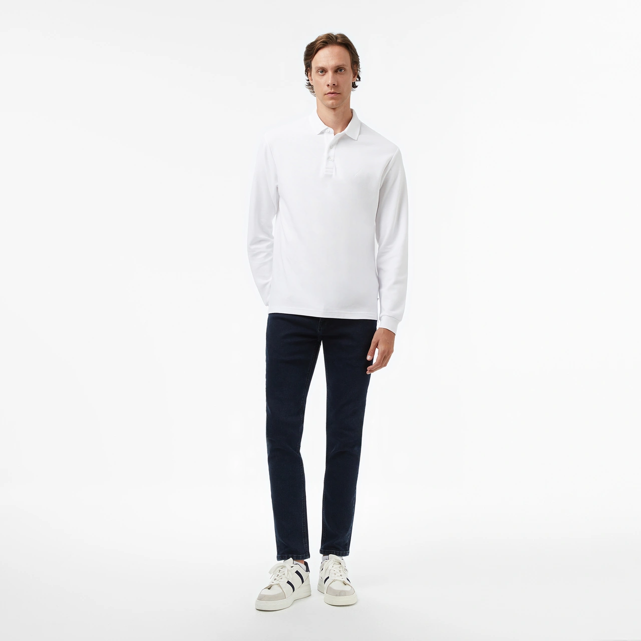 Nautica Erkek Beyaz Classic Fit Uzun Kollu Polo Yaka T-shirt Düz K57351t Beyaz