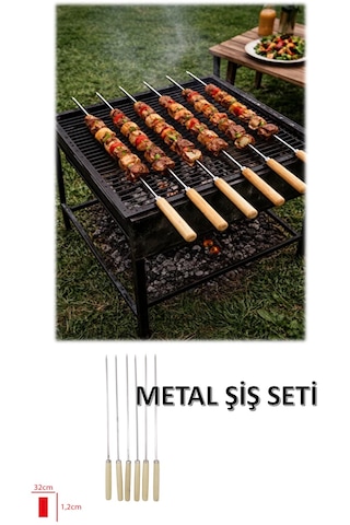 Metal Şiş Seti 6 Adet 32cm Ahşap Saplı Mangal Şiş Takımı Barbekü Şişi Çelik Şiş