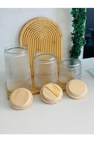 Qerhome Bambu Kapaklı Vakumlu 3'lü Çizgili Kavanoz Seti 800/1300/1800 Ml ŞEffaf