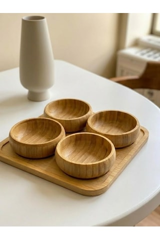 Mucit Home 4'lü Doğal Bambu 4'lü Yuvarlak Bölmeli Çerezlik Seti Sunumluk Servis Tabağı Atıştırmalık Kase Çok Renkli