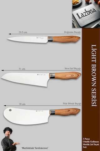 Light Brown Serisi Mutfak Bıçak Et Sebze 3 Lü Şef Bıçağı Mft-476 Kahverengi