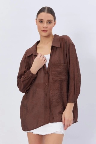 Defymoda Cepli Oversize Gömlek - Kahve Kahve
