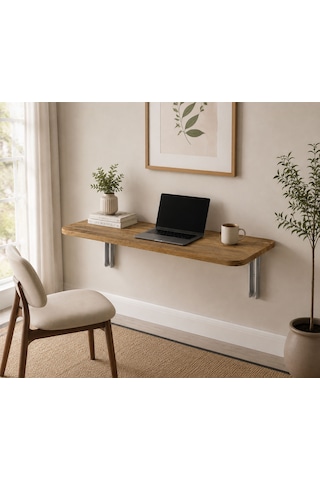 90x50 Cm Oval Köşeli Ceviz Duvara Monte Katlanır Masa Mekanizmalı Açılır Kapanır Duvar Masası Mutfak Balkon Çalışma Masası Beyaz