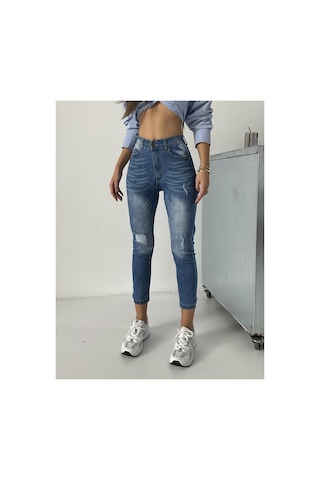 Blue Marlın Kadın Lazer Yırtık Mavi İşlemli Kot Dar Paça Pantolon Jeans Lacivert