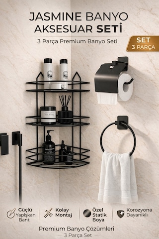 Alper Banyo Siyah 3 Parça Yapışkanlı Banyo Seti | 3 Katlı Köşe Banyo Rafı, Kare Kapaklı Kağıtlık, Halka Havluluk