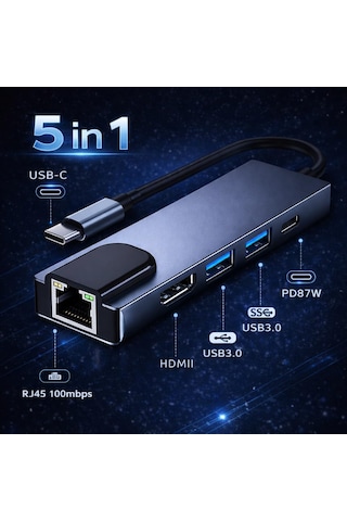 5 İn 1 Usc-c Hub Çoğaltıcı, Hızlı Veri Aktarımı, 2x Usb Girişi, 1x Type-c, 1x Ethernet, 4k Hdmı Girişi, Alümi