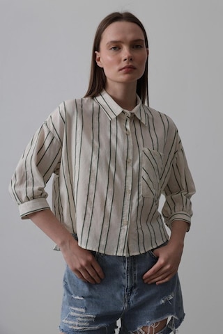 Çizgili Kısa Gömlek - Bej-yeşil Karışık