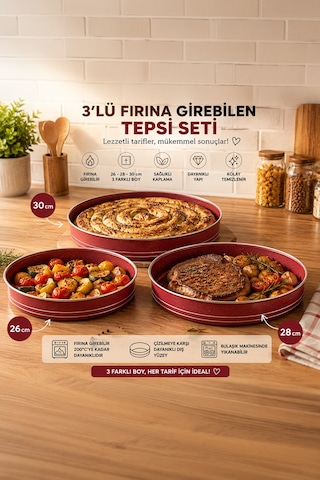 Porsima Montella 3lü Tepsi Seti Fırın Tepsisi 26-28-30cm Kızıl Kırmızı