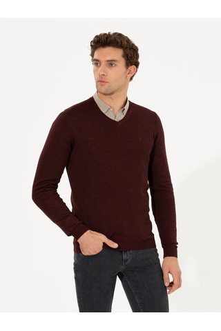 Cacharel Bordo Slim Fit V Yaka Basic Triko Kazak Kırmızı