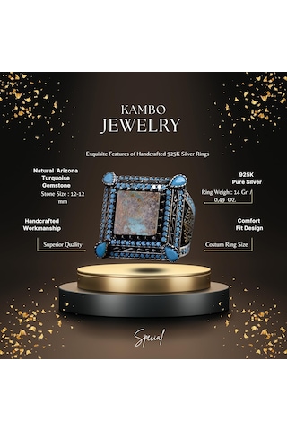 Doğal Turkuaz Taş Yüzük, Kare Tasarım - 925 Ayar Gümüş Erkek Yüzüğü, El Yapımı Şıklık Gümüş