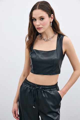 Sateen Kare Yaka Deri Crop - Siyah-135667 Siyah