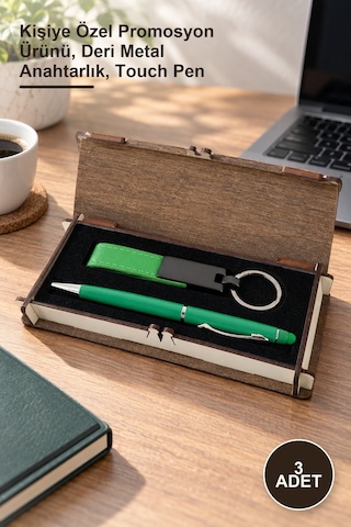 3 Adet Ahşap Kutulu Yeşil Anahtarlık Ve Kalem Seti Kişiye Özel Promosyon Ürünü, Deri Metal Anahtarlık, Touch Pen