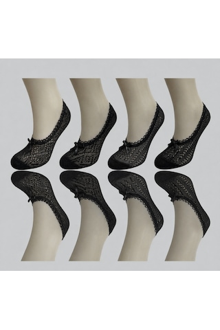 Heren Socks Heren 4'lü Dantelli Kadın Babet Çorap , Fiyonklu , Fileli SİYAH_200-BLACK