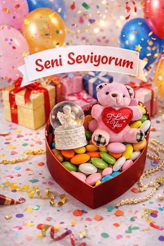 Aşk Dolu Hediye Kalp Kutuda Melek Kar Küresi & Ayıcık & Draje Çikolata Sevgililer Günü Hediye Seti