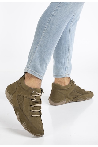 Hakiki Deri Nubuk Erkek Bot Haki Elastik Bağcıklı Saraçlı Taban-3486 Haki