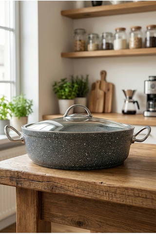 Bonetti Granit Pilav Tenceresi & Karnıyarık Tenceresi Cam Kapaklı, Metal Kulp 26 Cm Gri