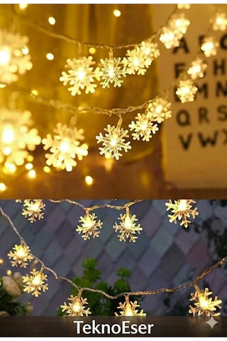 Kar Tanesi Led Işık Zinciri 5 Metre Pilli Noel Yılbaşı Dekorasyon Şeffaf Kablo 28 Led