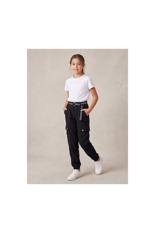 Deniva Kids Kız Çocuk Siyah Taş Ve Kemer Detaylı Paçası Lastikli Kargo Cepli Keten Jogger Pantolon