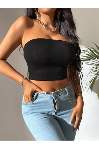 Liona Kadın Siyah Straplez Crop Top Bluz 001
