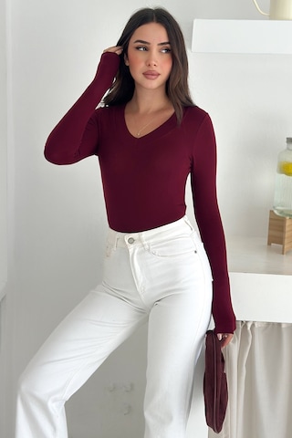 Noa & Noa Kadın Likralı V Yaka Uzun Kollu Bluz Esnek & Günlük Şıklık Bordo