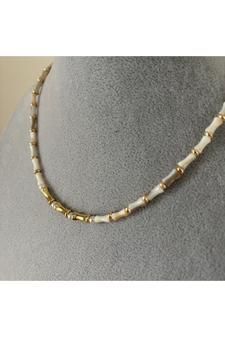 Rhea Modern Minimal Bamboo Form Beyaz Taş Detaylı Gold Kolye Altın - Beyaz