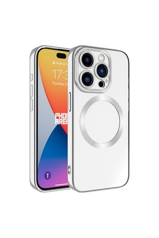 Apple Uyumlu iPhone 15 Pro Kılıf M-safe Wireless Şarj Özellikli Zore Setro Silikon Gümüş