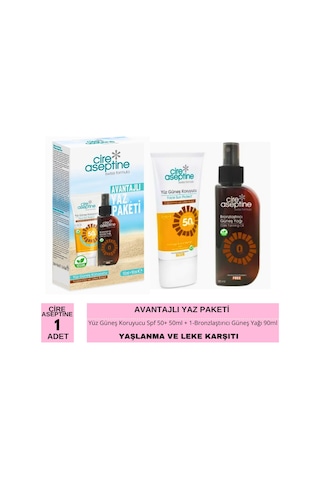 Cire Aseptine Avantajlı Yaz Paketi Yüz Güneş Koruyucu Spf 50+ Yaşlanma Ve Leke Karşıtı 50ml İle Bronzlaştırıcı Güneş Yağı 90ml