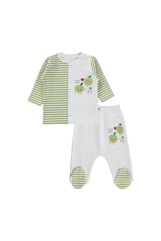 Nova Baby Yeşil Elma Kokulu Önden Açık 1-6 Ay Pijama Takımı - Ekru