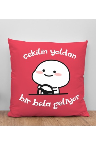 Bk Gift Bir Bela Geliyor Tasarımlı Kırmızı Kırlent Yastık, Arkadaşa Hediye, Ev Dekorasyonu, Ev Hediyesi-1