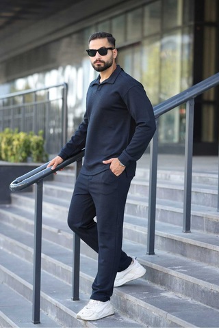 Mfz Giyim Petekli Alt Üst Pantolon Ve Patlı Yakalı Erkrk Sweat Takımı Lacivert