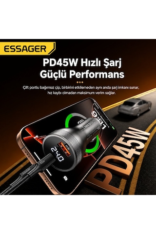 Essager 100w Araç Şarj Cihazı Pd Type C 45w + Usb 55w Çift Port Hızlı Şarj Dijital Göstergeli Araç Şarj Adaptörü