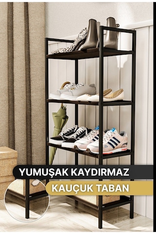 Ayakkabılık Metal Ayakkabılık Ahşap Ayakkabılık Dekoratif 4katlı Kumaşlı Mobilya Çok Amaçlı Raf Siyah