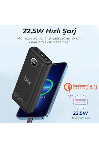 Bix Pb201 Üç Portlu 20000mah 22.5w Hızlı Şarj 4.0 Pd Giriş/çıkışlı Led Göstergeli Powerbank Siyah Siyah
