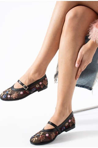 Dabab Shoes Begonıa Kadın Siyah Çiçek Nakışlı Transparan Babet Ayarlanabilir Bantlı Tokalı Düz Taban Ayakkabı