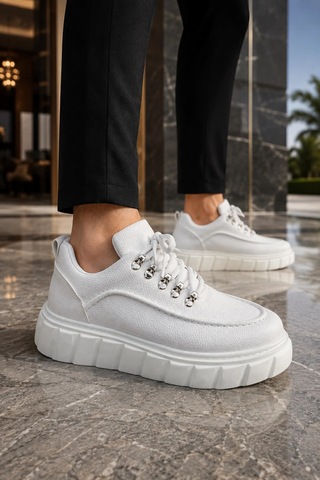 Mevese Duolc Bağcıklı Cilt Erkek Günlük Rahat Taban Sneaker Ayakkabı - Beyaz