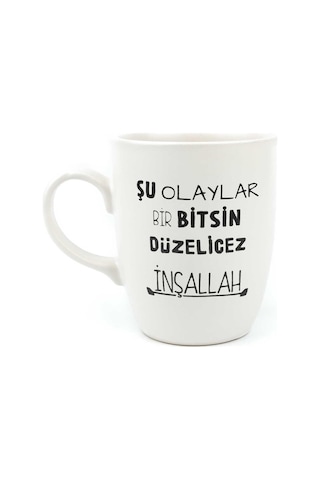 Şu Olaylar Bir Bitsin Düzelicez İnşallah Krem Oval Kupa - Hediye Seramik Kupa Açık Ahşap