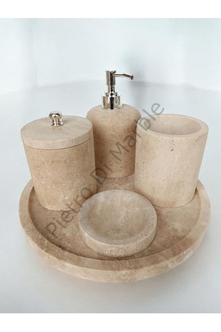 Sarı Traverten Klasik Model 5 Parça Gümüş Renk Düğme Aksesuarlı Banyo Seti Sarı Traverten