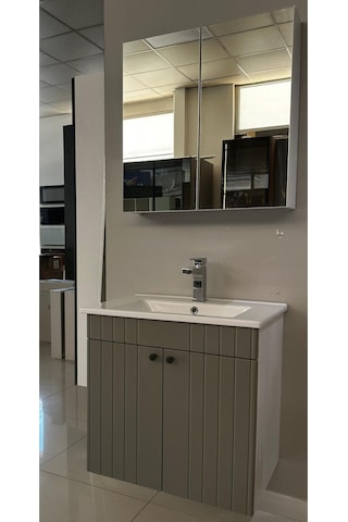 Banyo Dolabı Aynalı Cnc İşlemeli 65 Cm Gri Kulplu