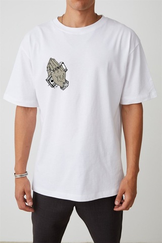 Thewert Unisex Mask Baskılı Beyaz Oversize Tshirt