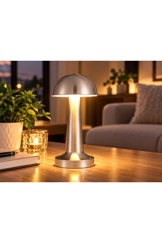 Modern Tasarımlı Led Masa Lambası - 3 Mod Metalik Gümüş Renk Dekoratif Abajur, Şık Ve Minimalist Masaüstü Aydınlatma Gri
