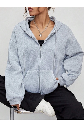 Baskısız Fermuarlı Hırka Sweatshirt - Gri Oversize Kışlık Kalın Kapüşonlu Gri