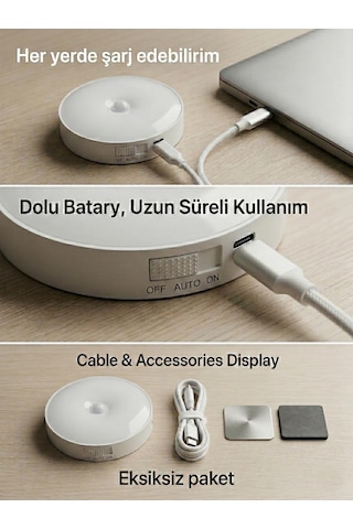 Hareket Sensörlü Yuvarlak Led Aydınlatma & Usb Şarjlı Pratik Gece Lambası 8 Cm Beyaz