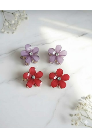 Çiçek Şeklinde Metal Toka, Metal Klipsli Renkli Çiçek Toka 4 Adet 2 Kırmızı - 2 Mor Kırmızı - Mor - Sarı