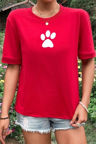 Noıssey Unisex Paw Baskılı T-shirt Kırmızı