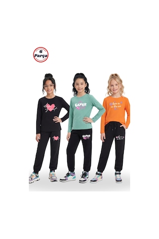 Panios Kids 3'lü Yuvarlak Yaka Sweatshirt Siyah Eşofmanlı Baskı Detaylı 6 Parça Kız Çocuk Alt Üst Takım Siyah - Turuncu